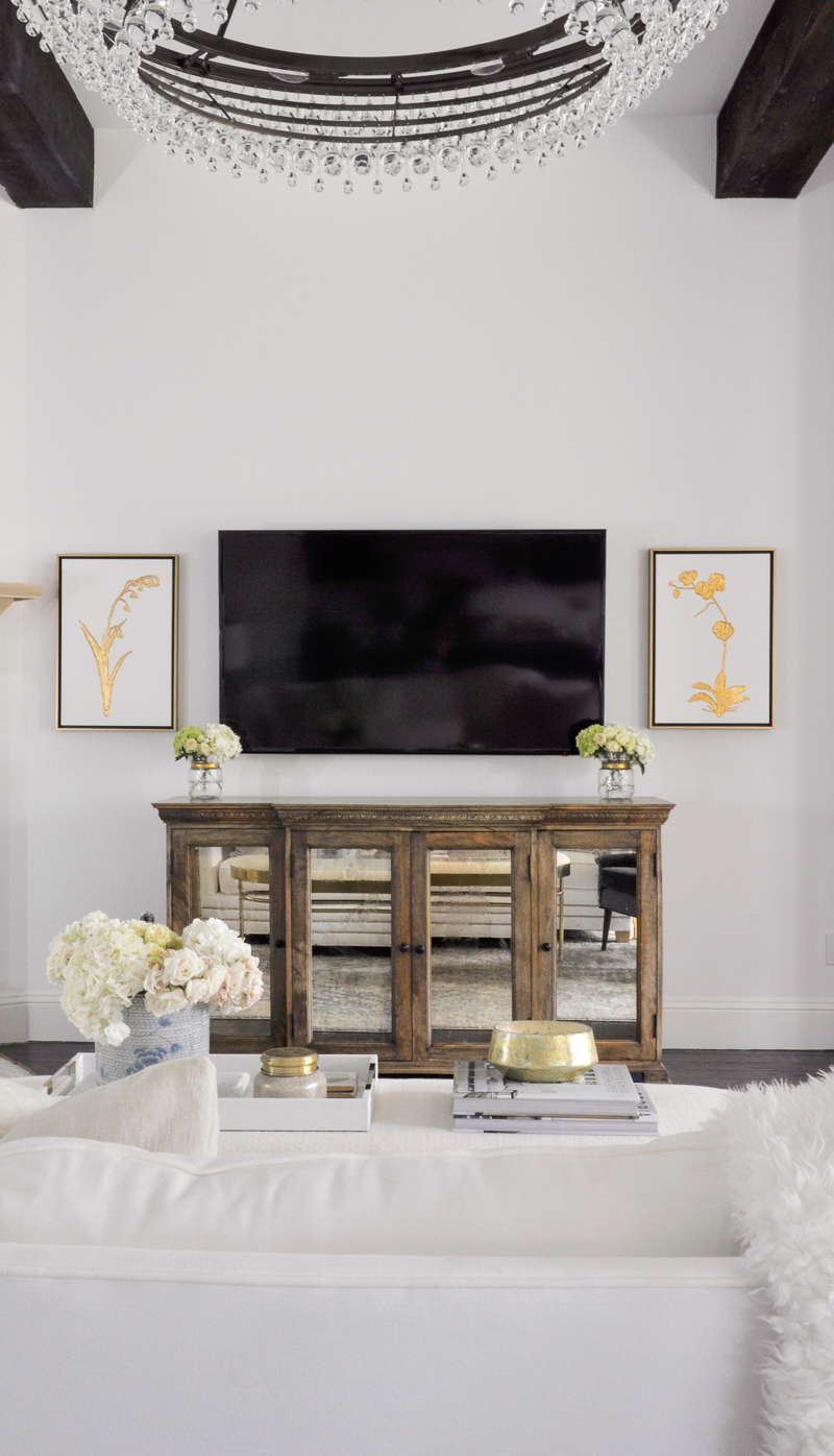 living room console and television view