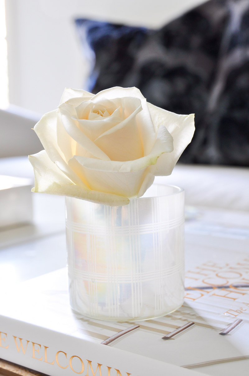 single white rose arranged in votive