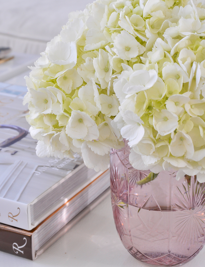 beautiful blush vase with hydrangeas