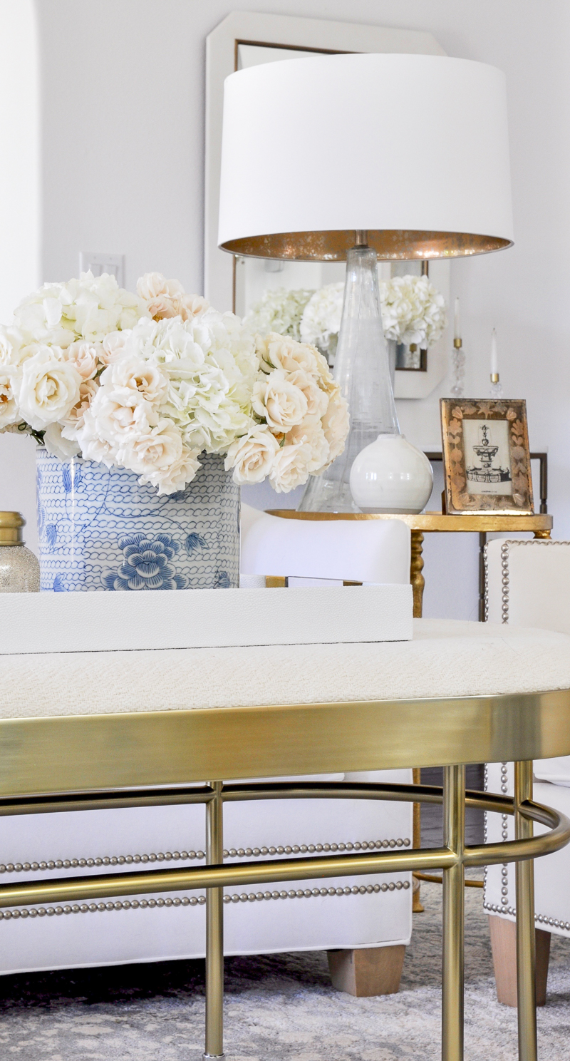 blue and white planter in glam living room