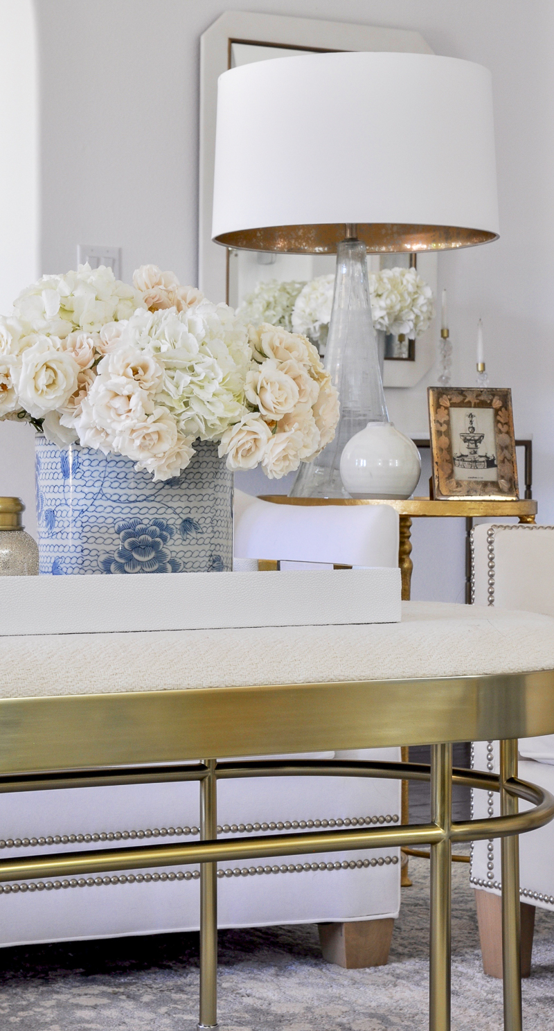 blue and white planter in glam living room