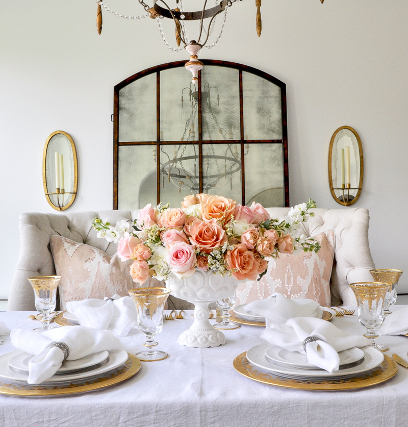 dining room table with beautiful spring tablescape