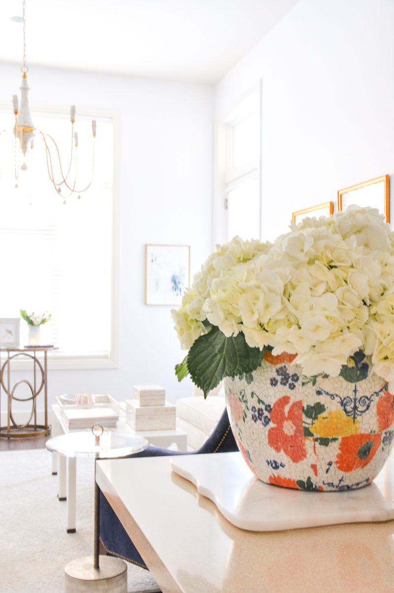 floral planter with hydrangeas