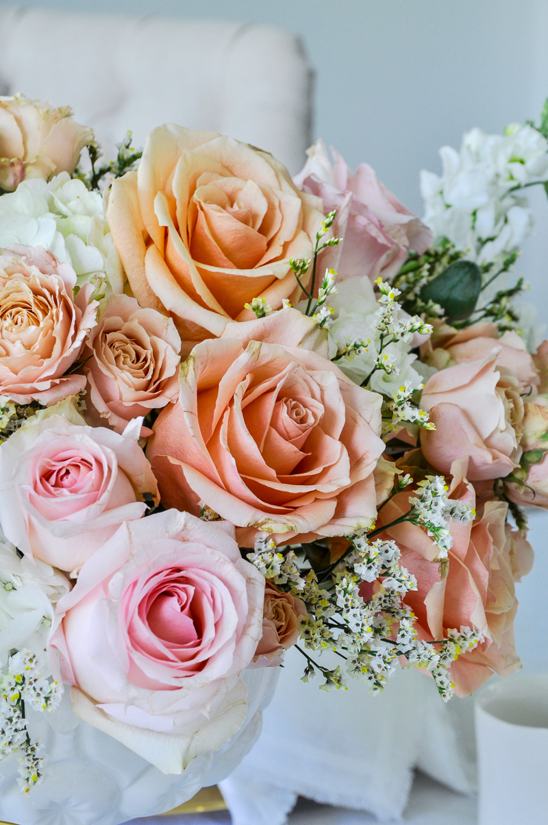 peach and blush rose floral arrangement