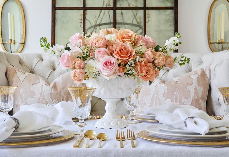 romantic gold and white and peach dining table 