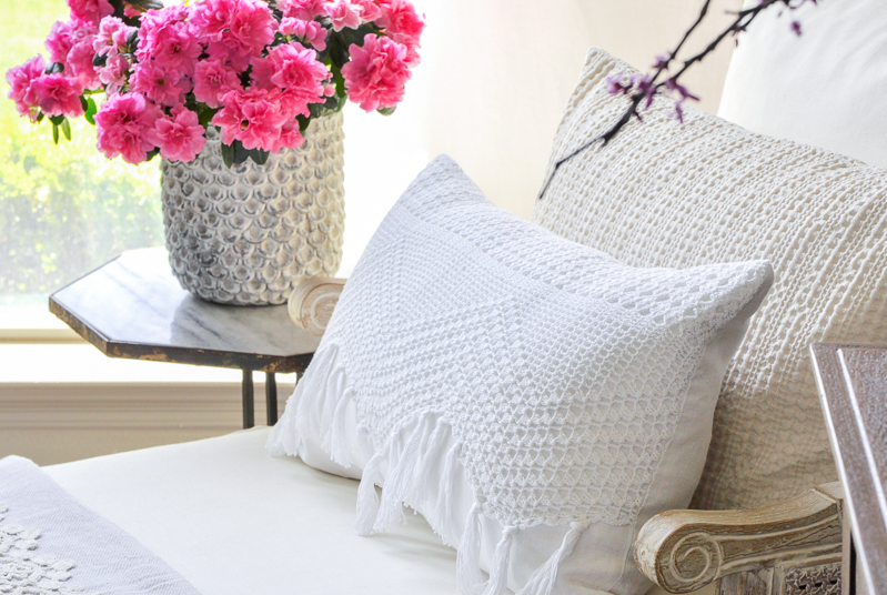 white crocheted edge spring pillow