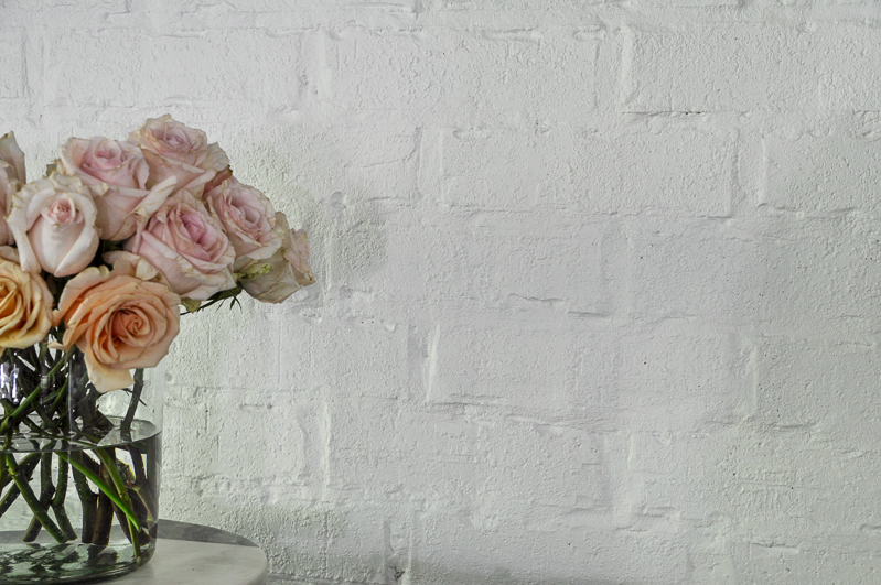 white painted brick backsplash 