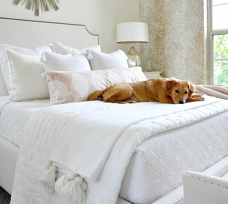 white guest bedroom blush accents