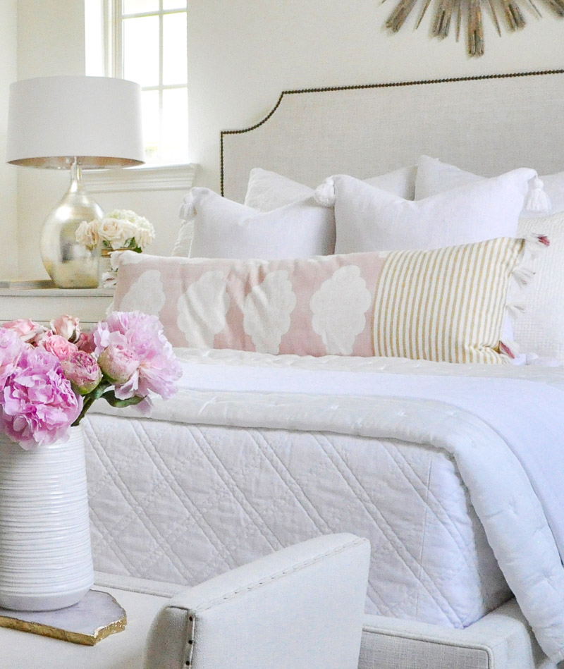 white guest bedroom blush accents