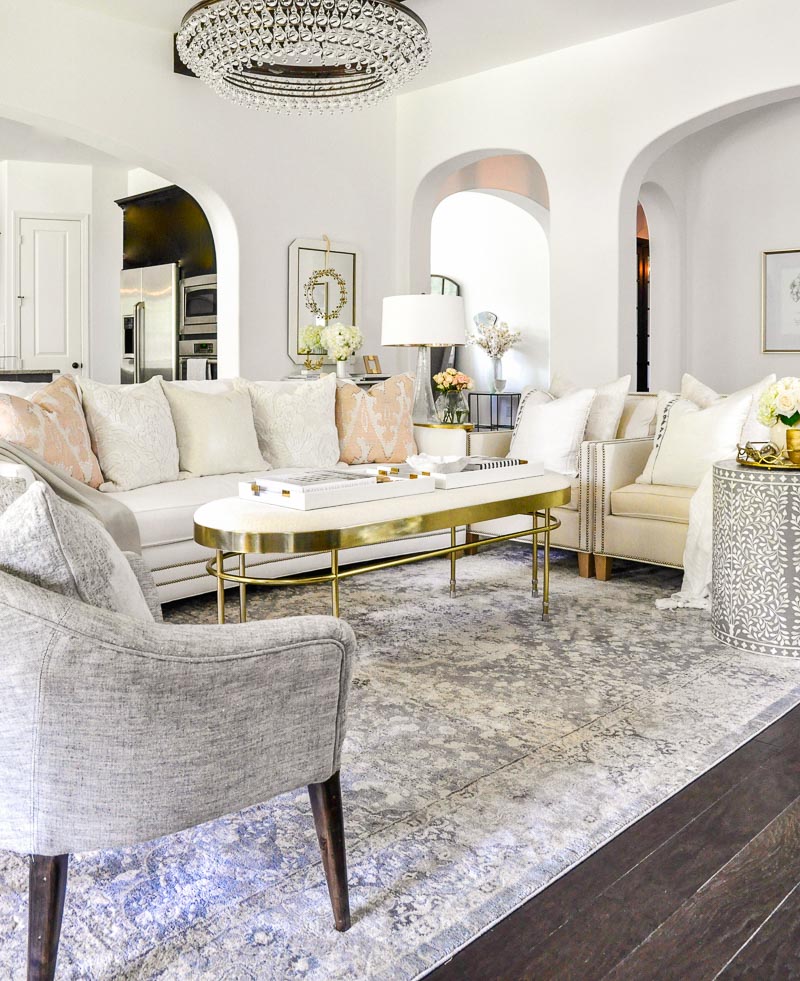 Beautiful white gray living room gold accents