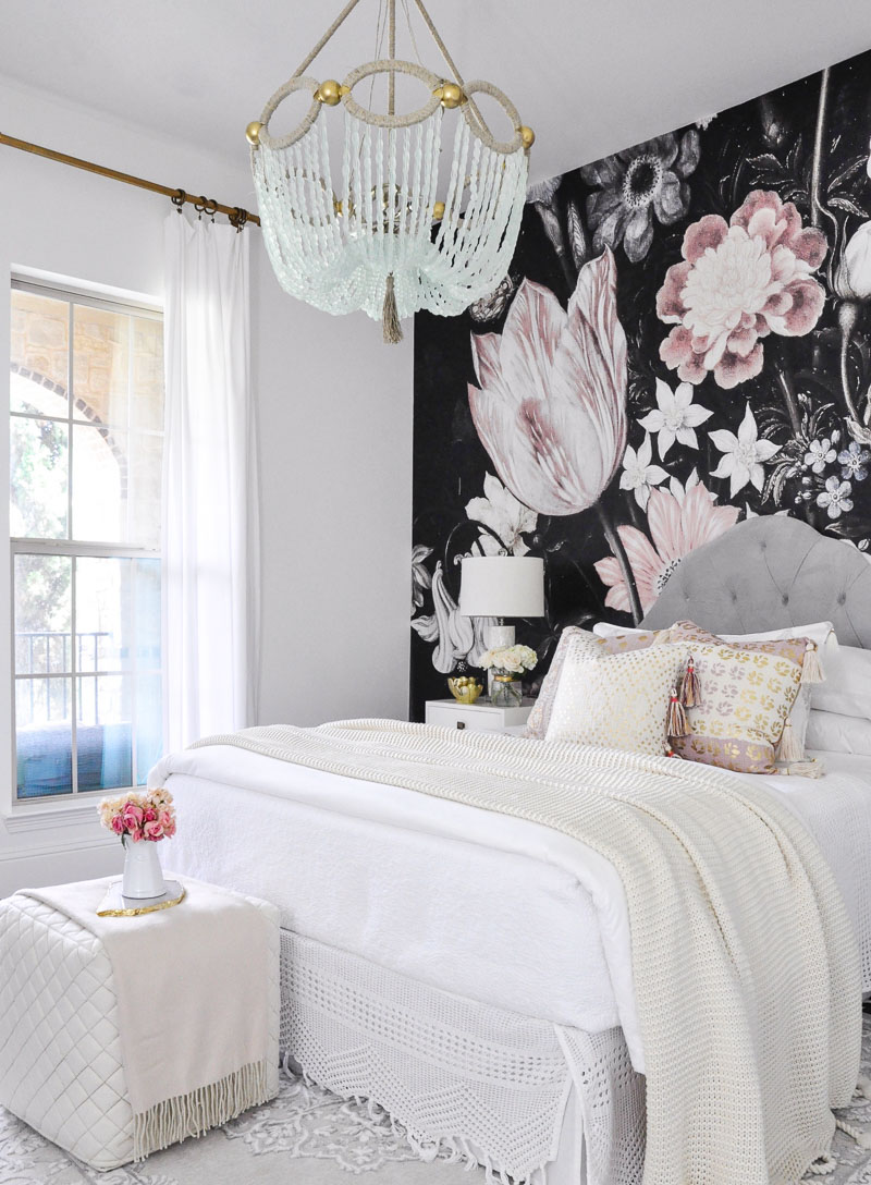 Dark floral wallpaper pink white bedroom