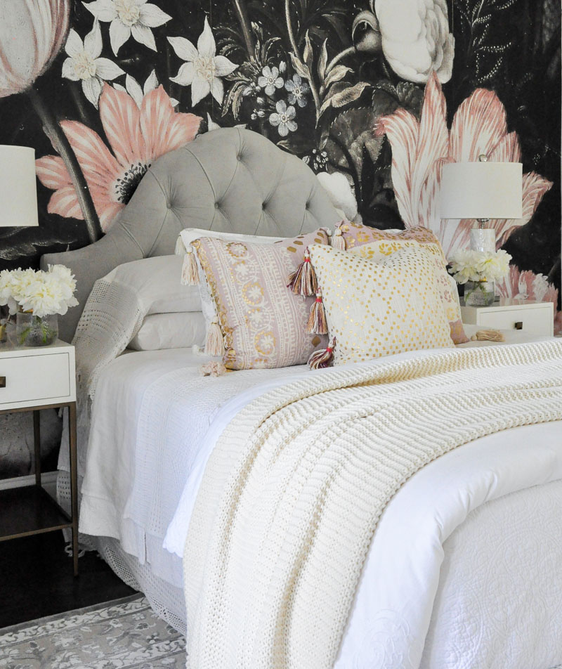 bedroom floral wallpaper blush accents 