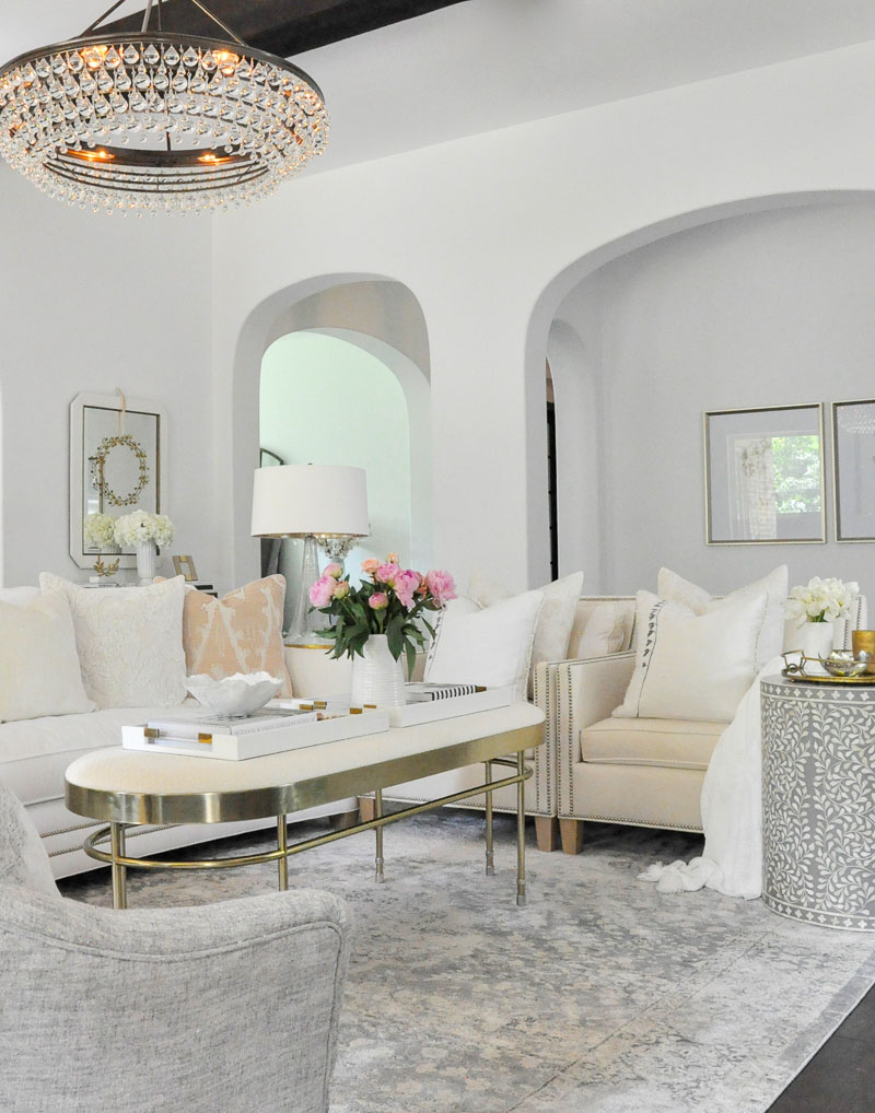 Living room white gold accents beautiful lighting