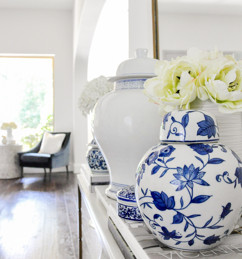 Blue white ginger jars styled console