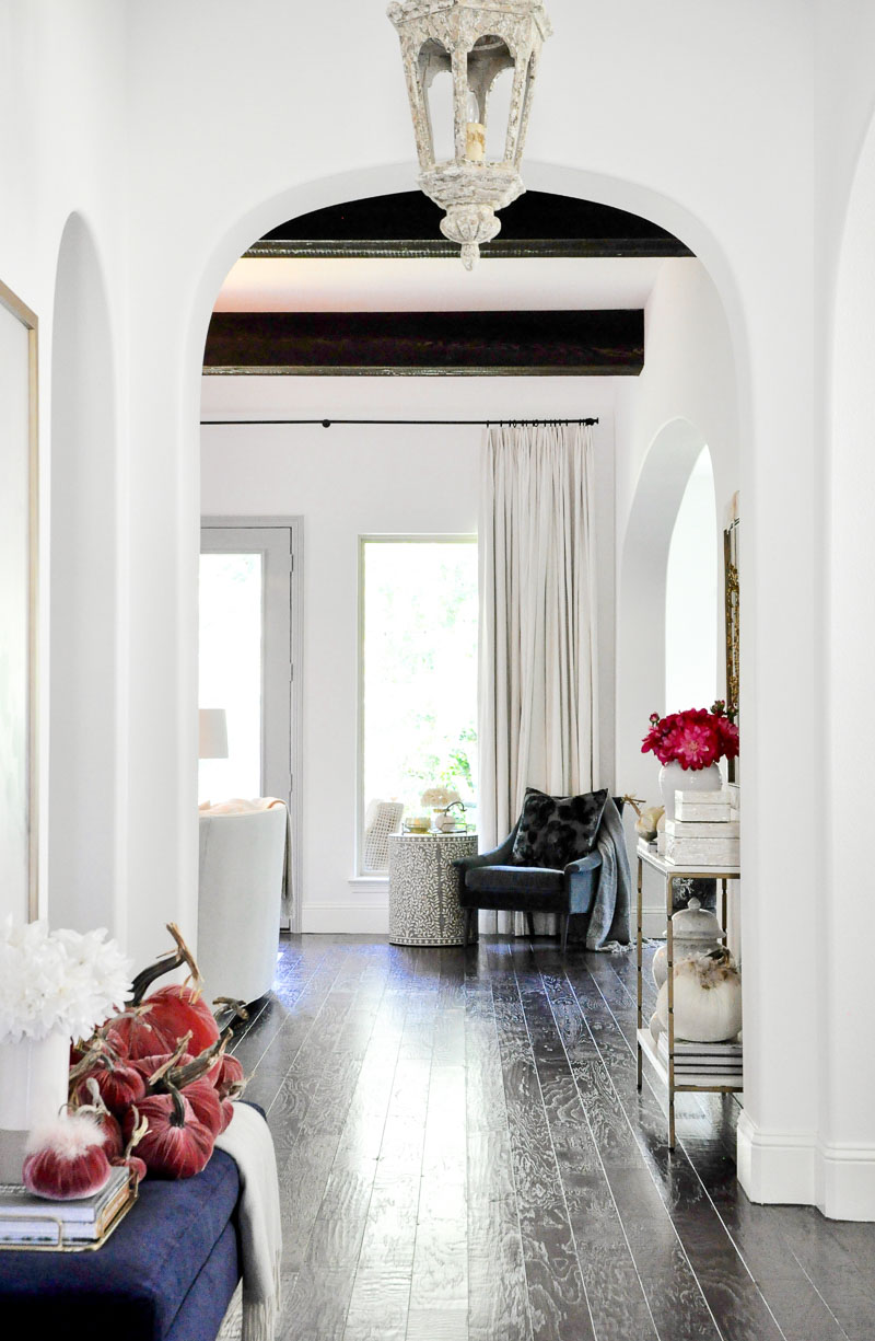 Arched entry hall fall velvet pumpkins 