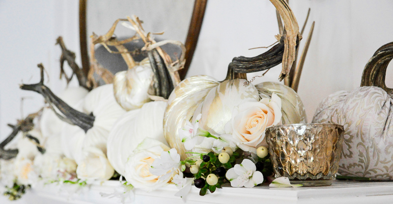 Beautiful white pumpkins fireplace mantel 