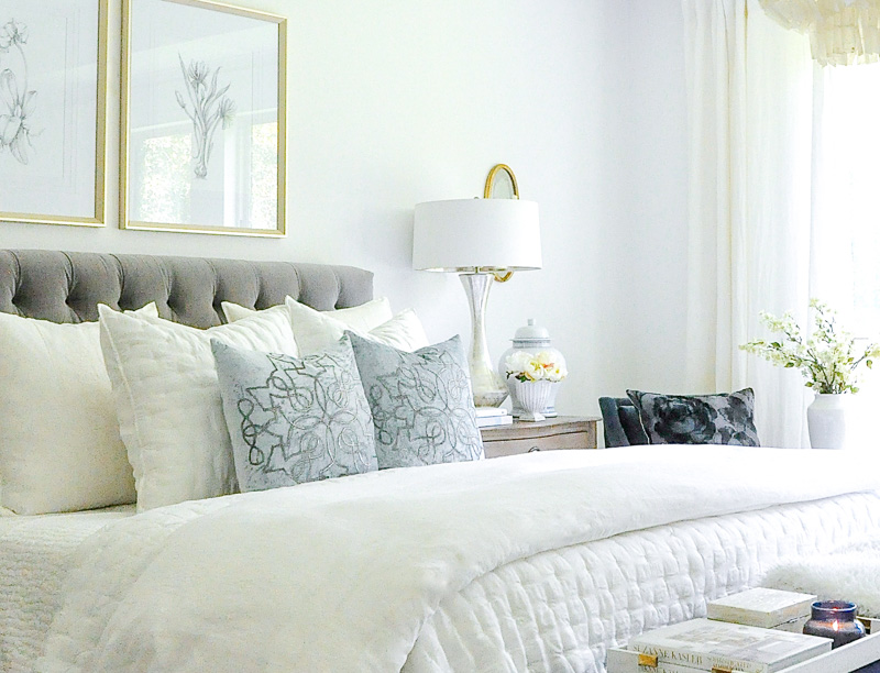 Bedroom tufted bed white bedding 