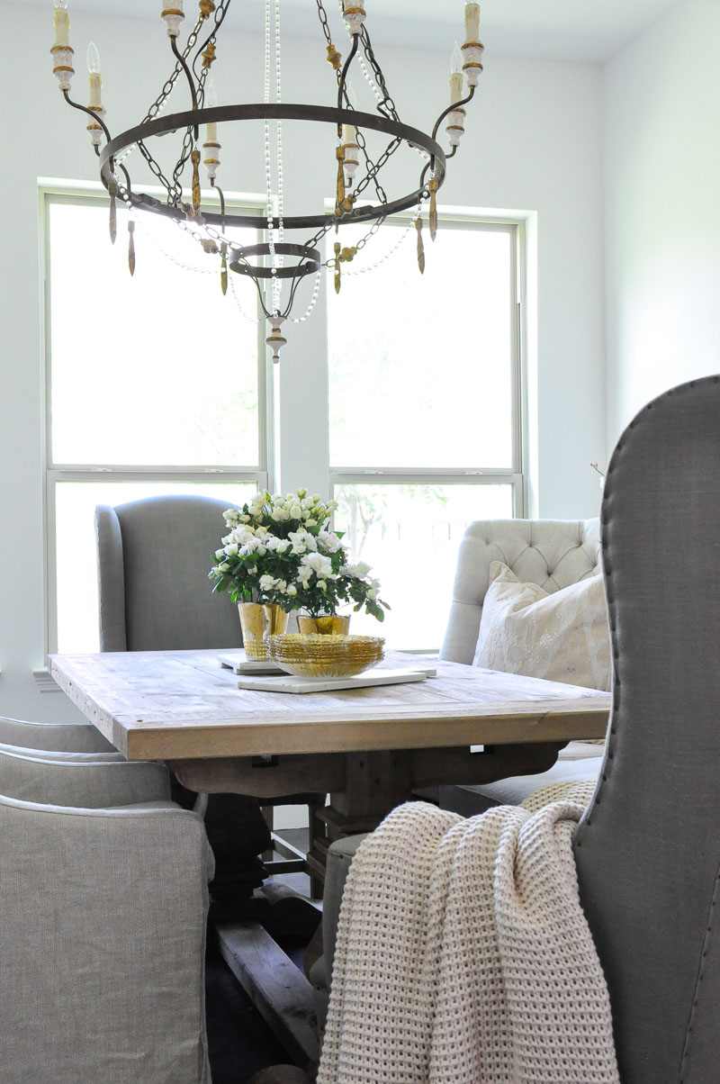 Dining room farm table gray end chairs 