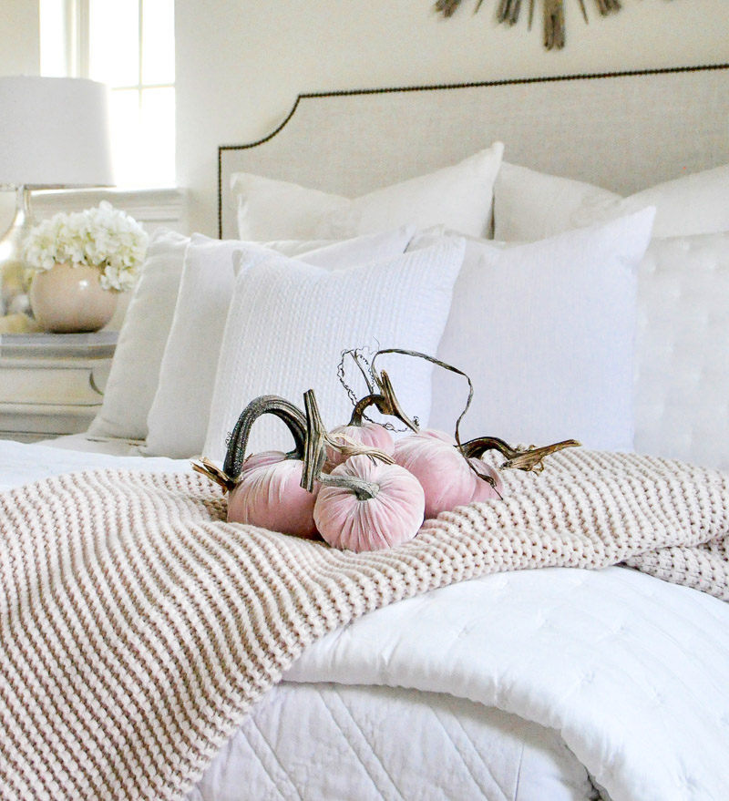 Fall bedroom blush pumpkins white bedding 