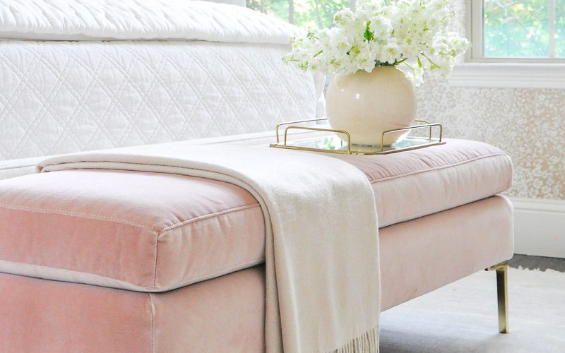 Glam bench blush pink velvet gold legs