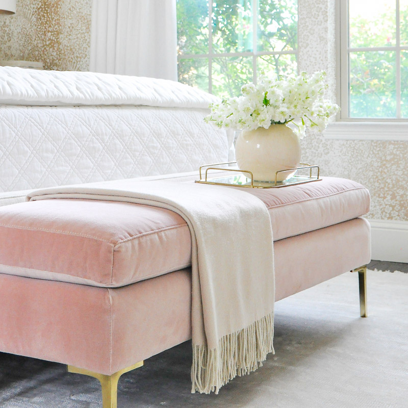 Glam bench blush pink velvet gold legs