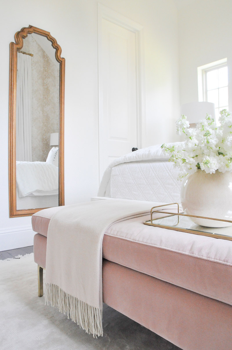 Gold mirror blush velvet bench beautiful guest bedroom