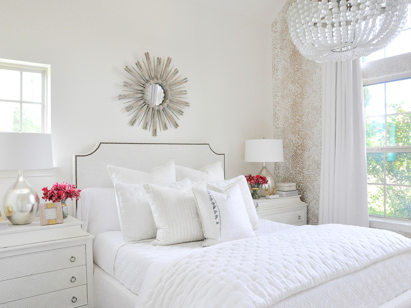 Gorgeous white guest bedroom gold accent wallpaper 