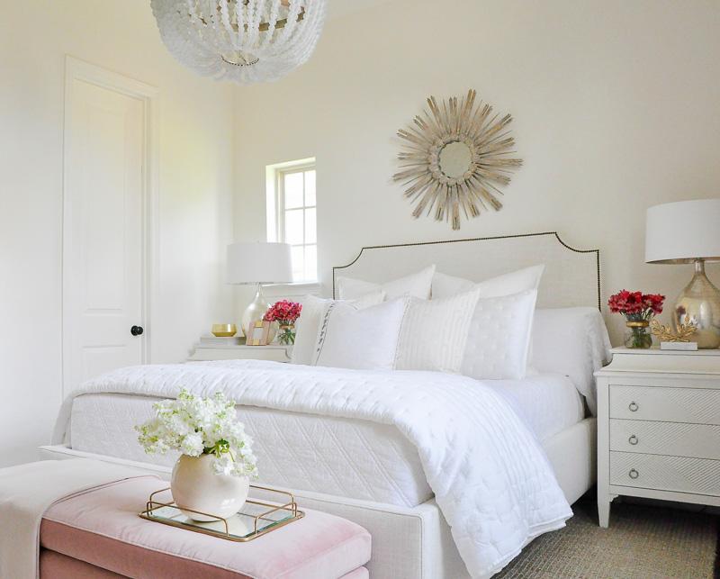 White bedroom blush velvet bench