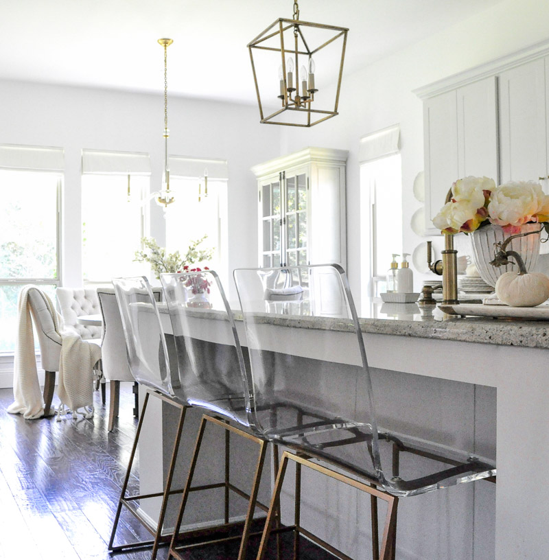 Kitchen lucite stools light gray cabinets 