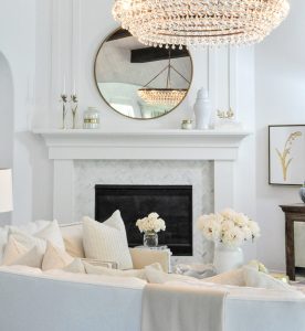 Living room white fireplace surround