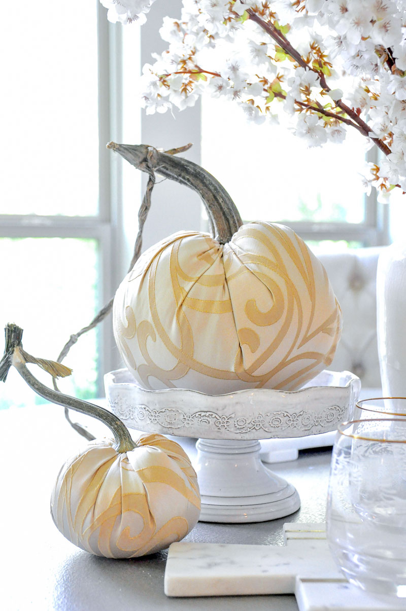 specialty fabric pumpkins white cake stand