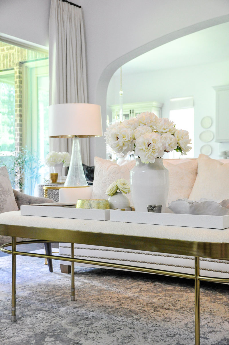 white-Beautiful living room brass accents drapery panels