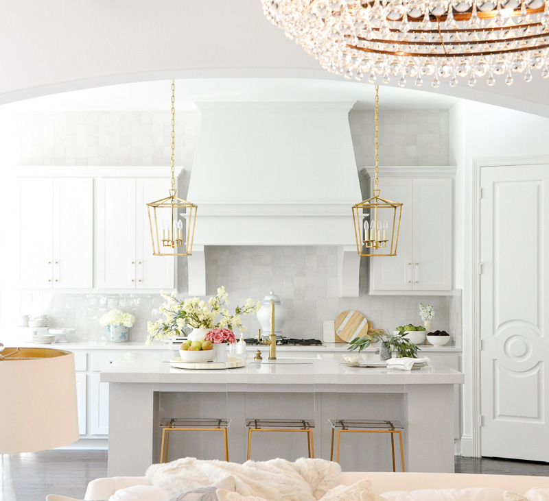 Bright white kitchen makeover reveal gold light pendants