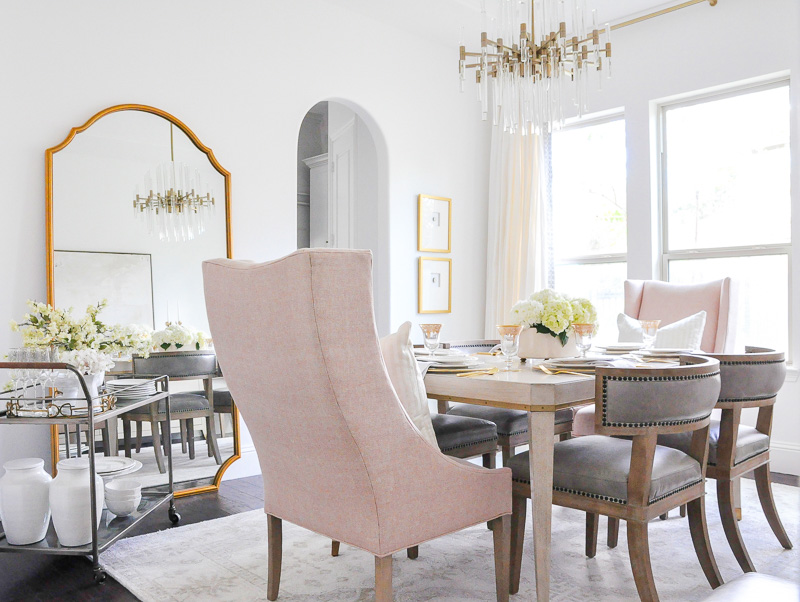 Elegant dining room transitional style blush end chairs