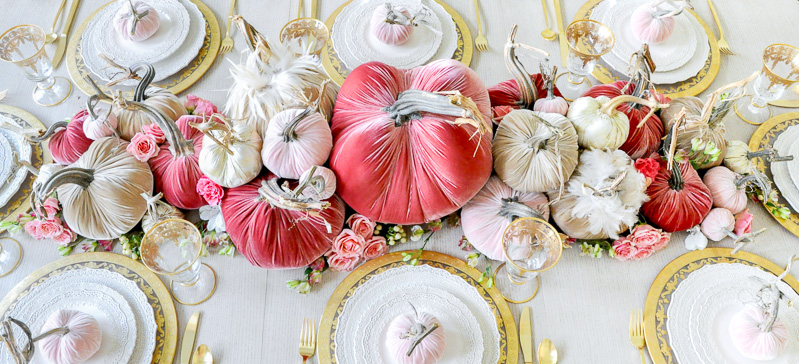 Thanksgiving centerpiece cascading pumpkins colors rose blush