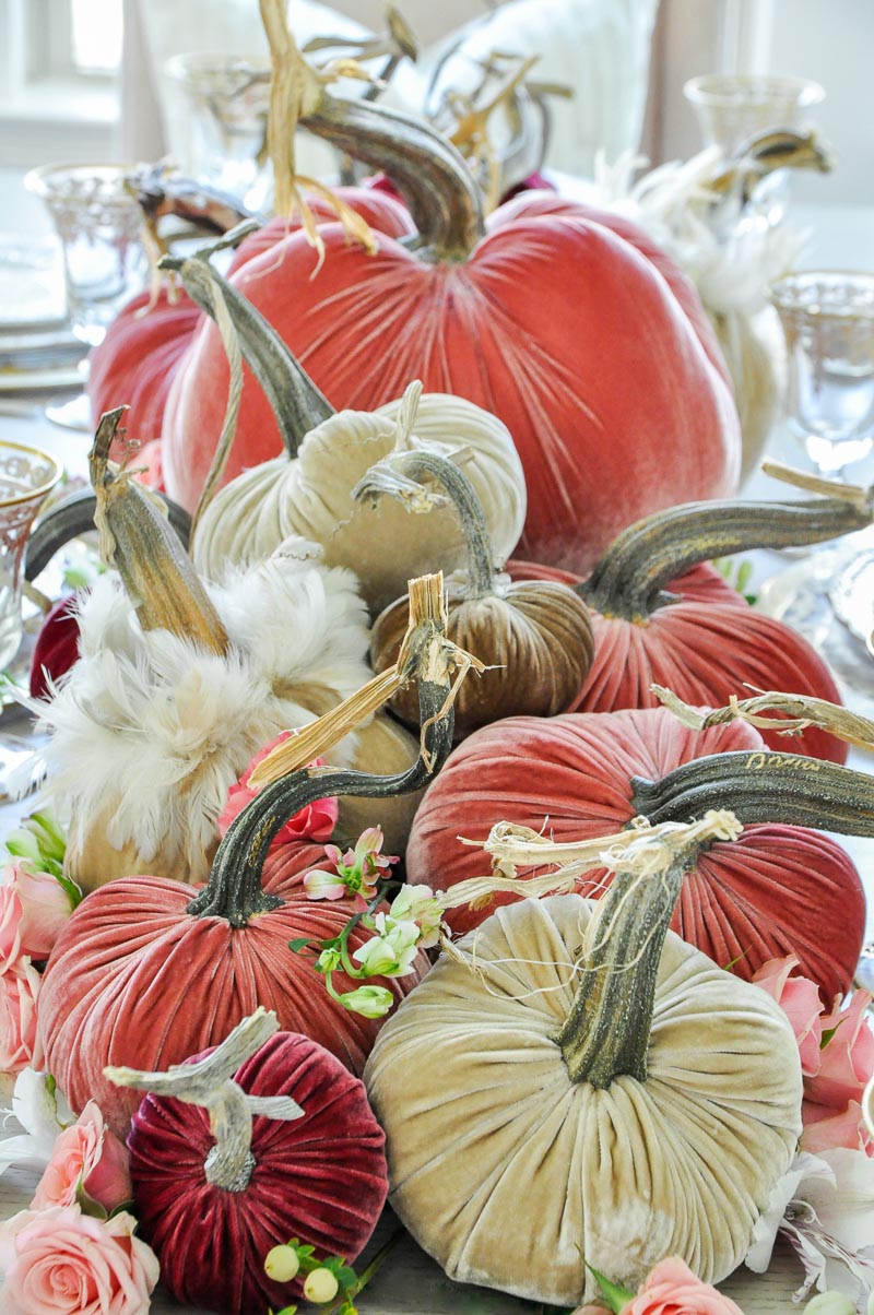 Thanksgiving centerpiece cascading pumpkins colors rose blush