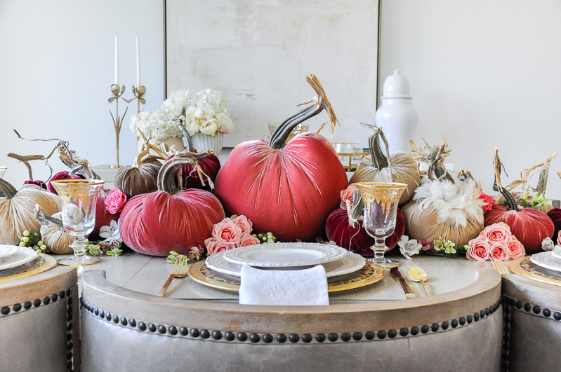 Thanksgiving centerpiece cascading pumpkins colors blush rose