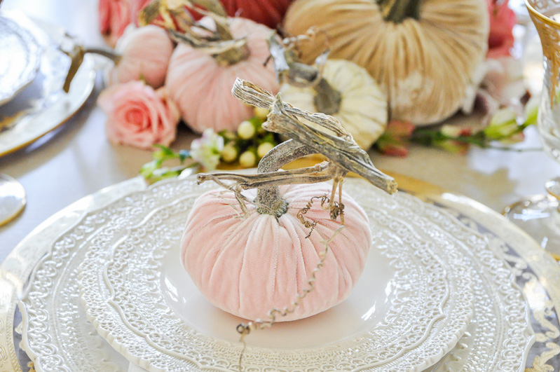 Thanksgiving centerpiece cascading pumpkins colors blush