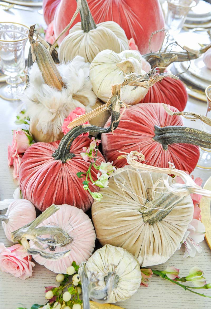 Thanksgiving centerpiece cascading pumpkins colors rose blush tan