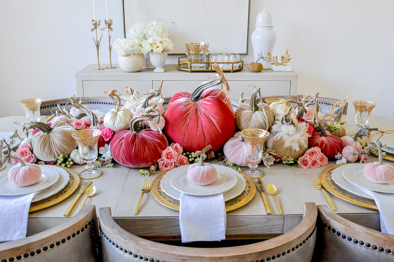 Thanksgiving centerpiece cascading pumpkins colors rose blush