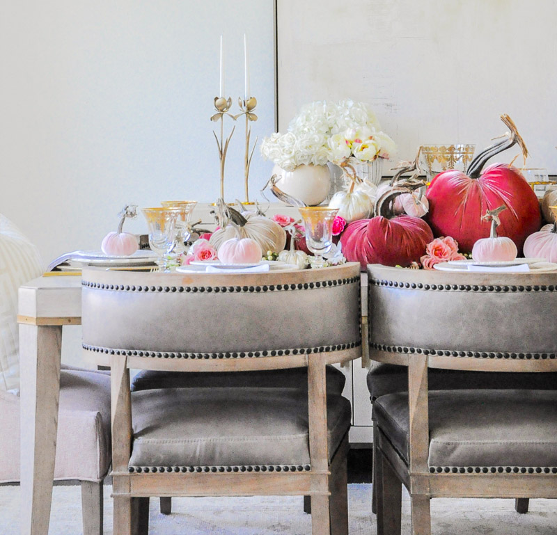 Thanksgiving centerpiece cascading pumpkins colors rose blush