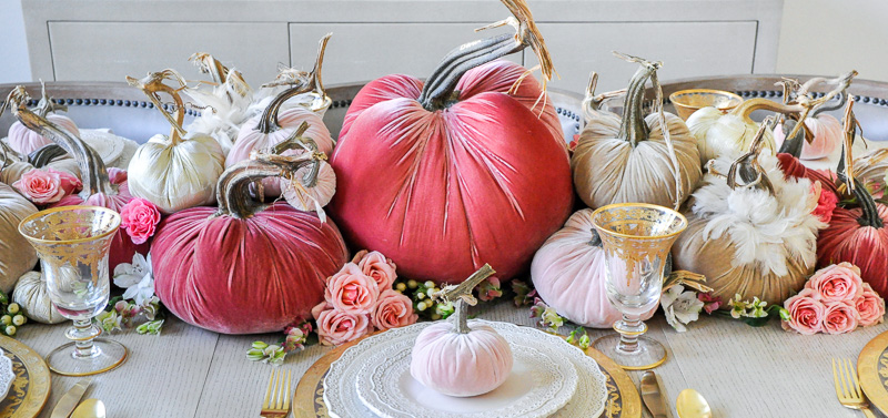 Thanksgiving centerpiece cascading pumpkins colors rose blush