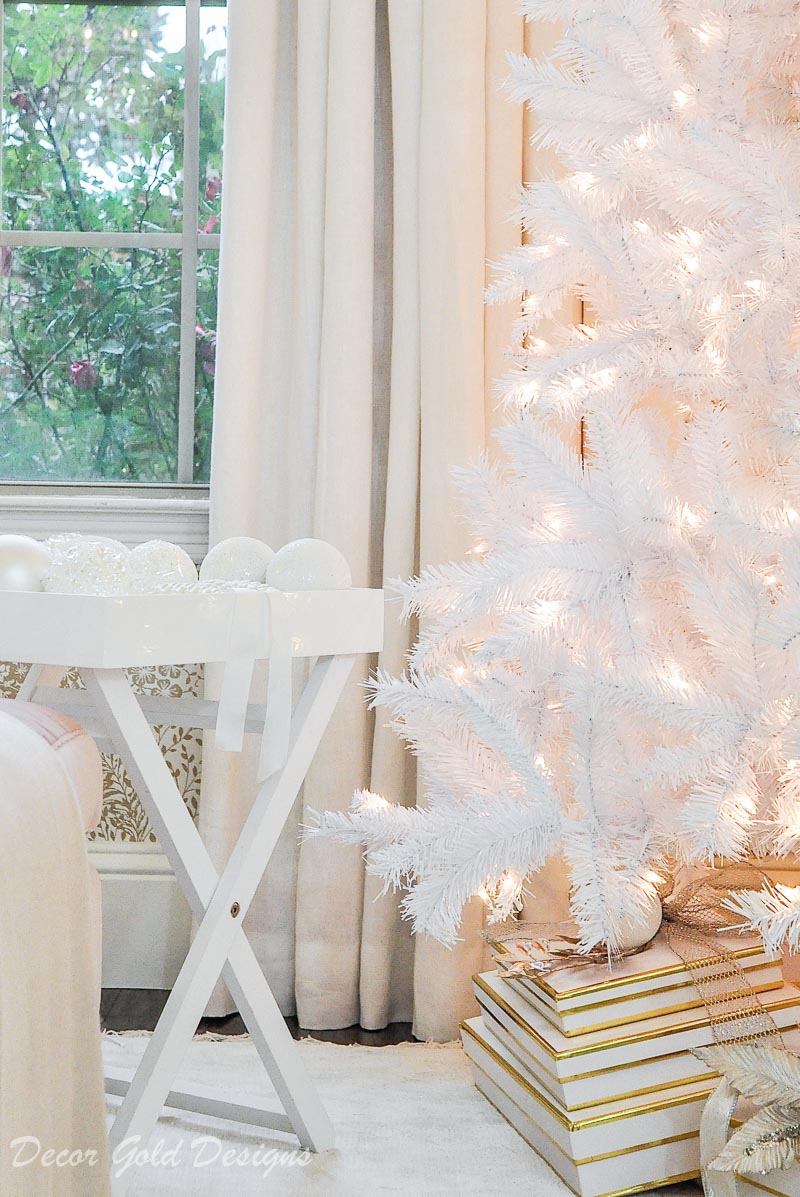 white tinsel tree ornament tray christmas bedroom