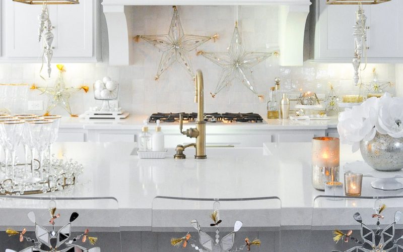 Beautiful holiday decorating kitchen New Year's Eve decor gold white