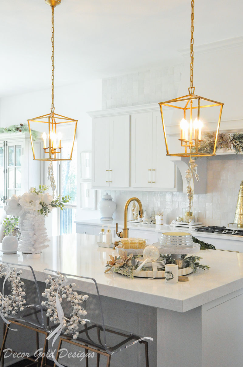 Gold light pendants beautiful holiday kitchen 