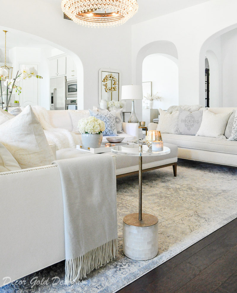 transitional white living room casual elegance winter decor