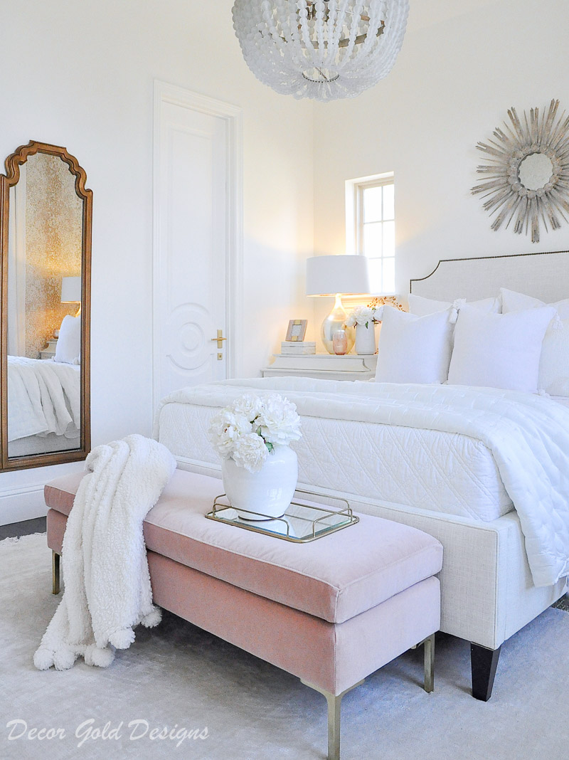 beautiful bedroom white bed blush bench feminine look