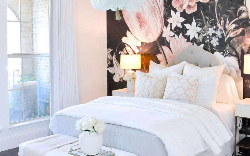 beautiful white bedroom drapery panel floral wallpaper