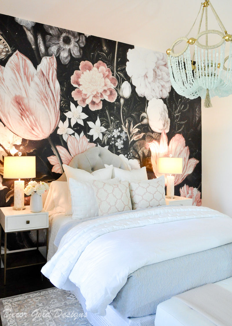 bedroom dark floral wallpaper blush black white