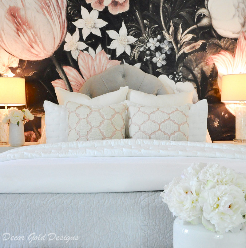 bedroom dark floral wallpaper blush black white